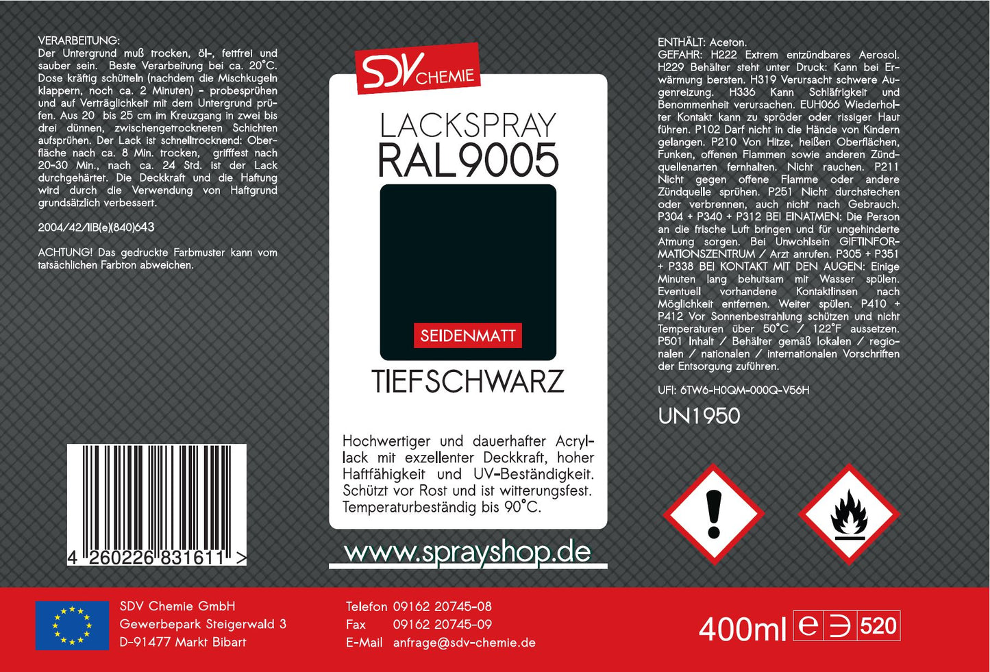 Lackspray RAL 9005 tiefschwarz seidenmatt 1x 400ml TIEFSCHWARZ