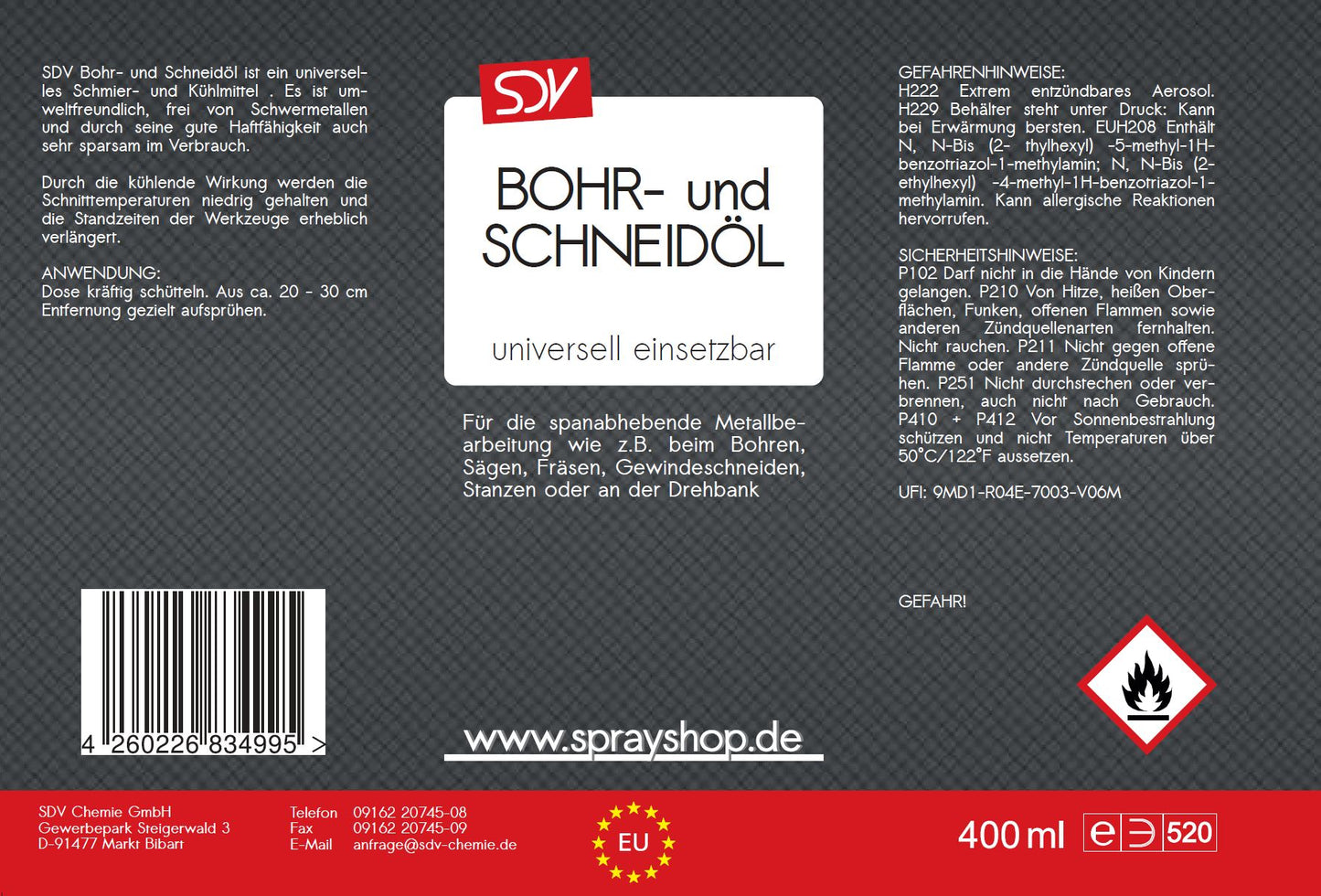 Bohröl Schneidöl Spray 400ml Gewindeschneideöl Kühlmittel Etikett