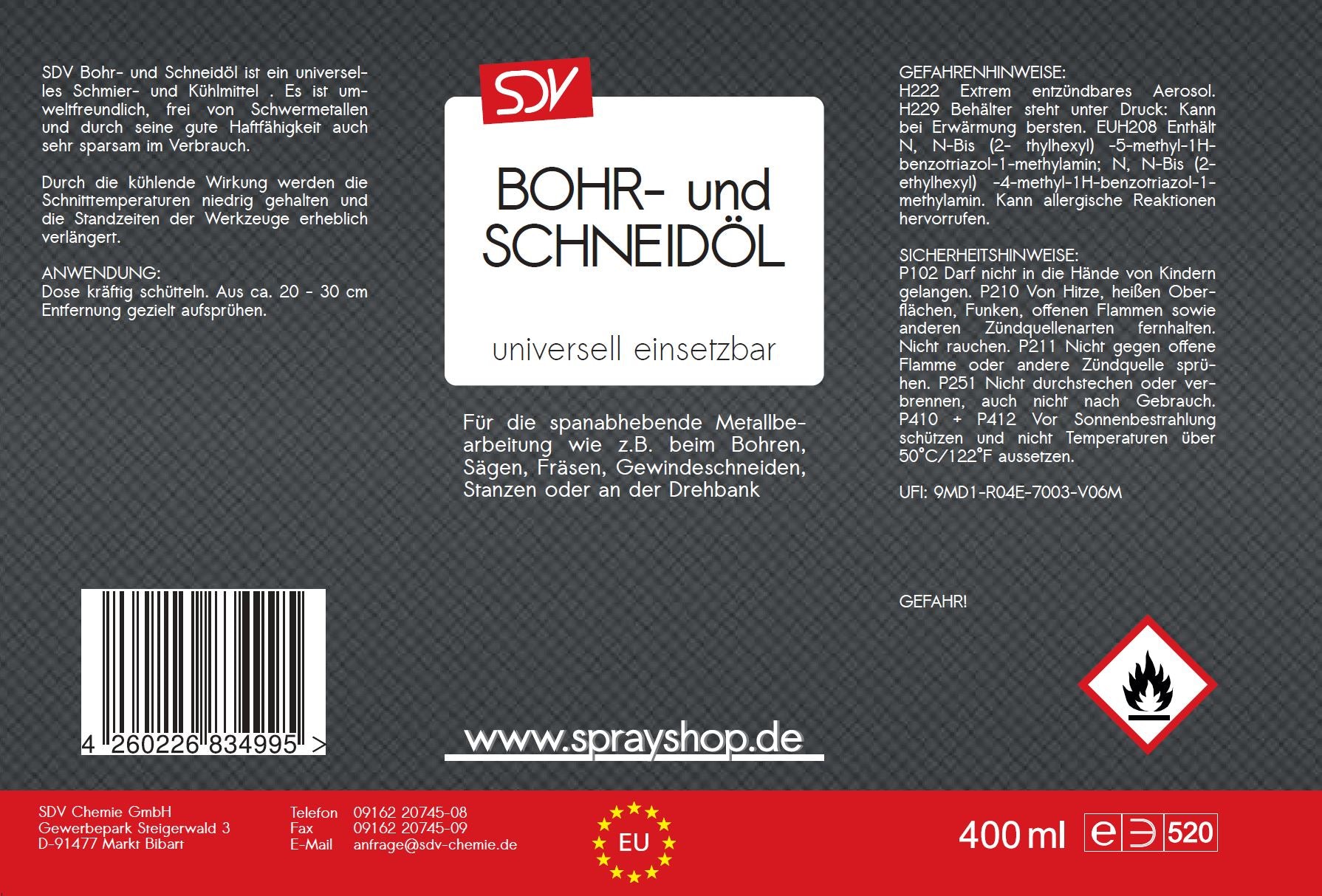 Bohröl Schneidöl Spray 400ml Gewindeschneideöl Kühlmittel Etikett