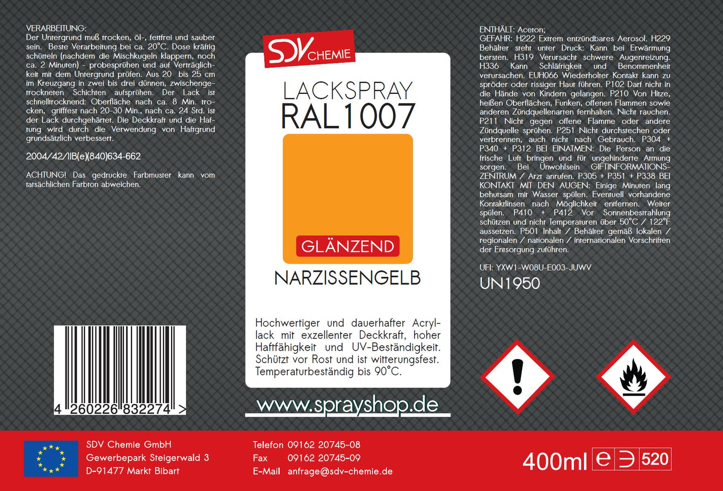 Lackspray RAL 1007 NARZISSENGELB glänzend 400ml Acryllack Etikett