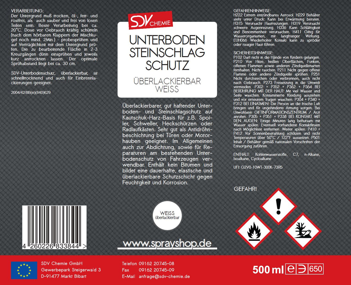 Unterbodenschutz weiss überlackierbar 500ml UBS Steinschlagschutz Etikett