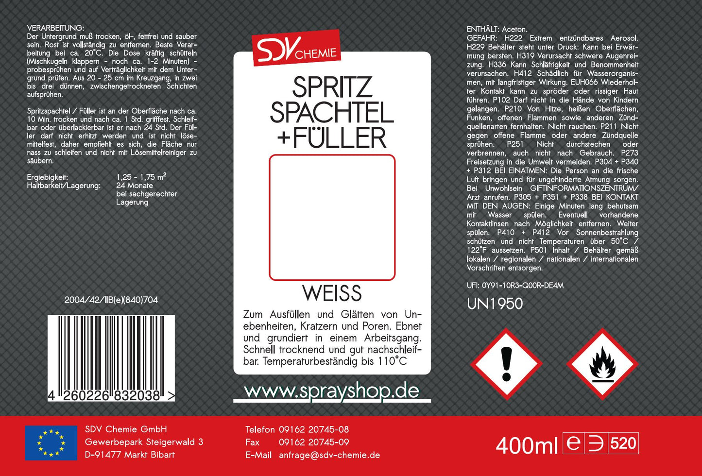 Spritzspachtel & Füller Weiss 400ml für Autolack Lackierer Etikett