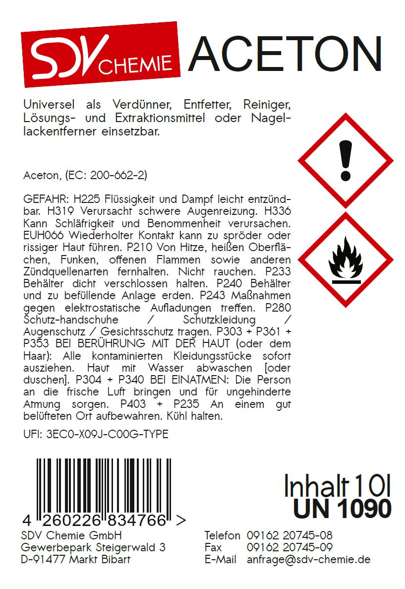 Aceton 1x 10 Liter Kanister mit DIN 51 Gewinde 10L