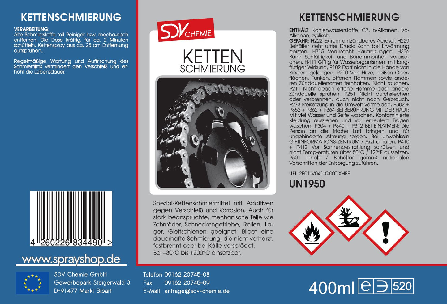 Kettenschmierung 400ml Ketten Fett Pflege Spray Schmiermittel Etikett