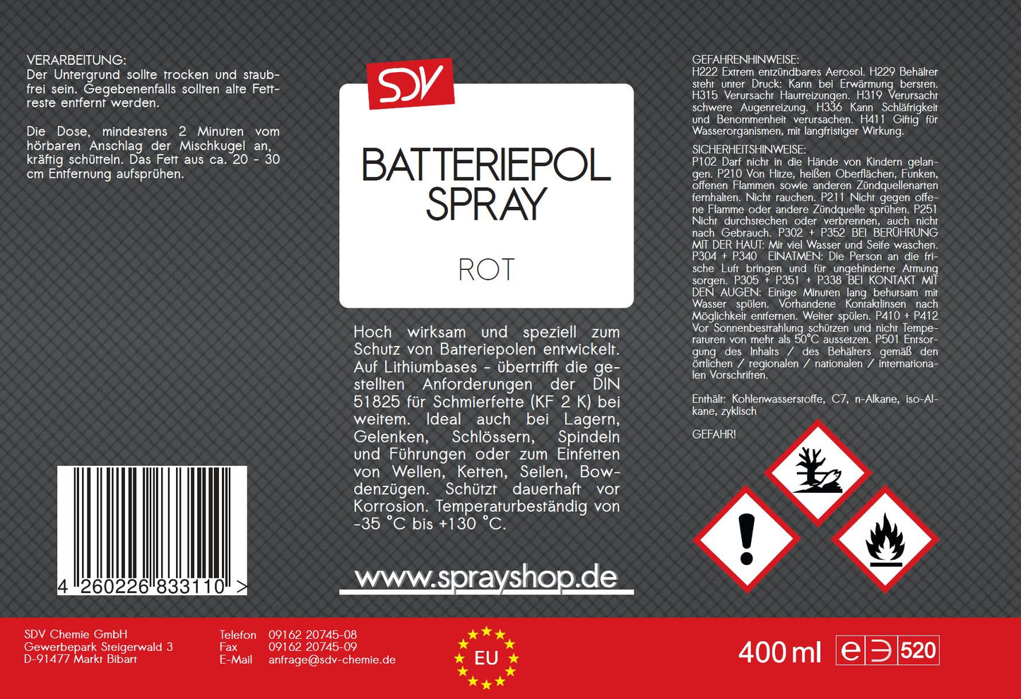 Batteriepolspray rot 400ml Batteriepol Schutz Fett Kontaktfett Etikett