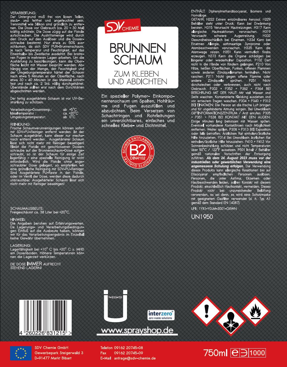 Brunnenschaum B2 750ml Montageschaum Schachtschaum Etikett