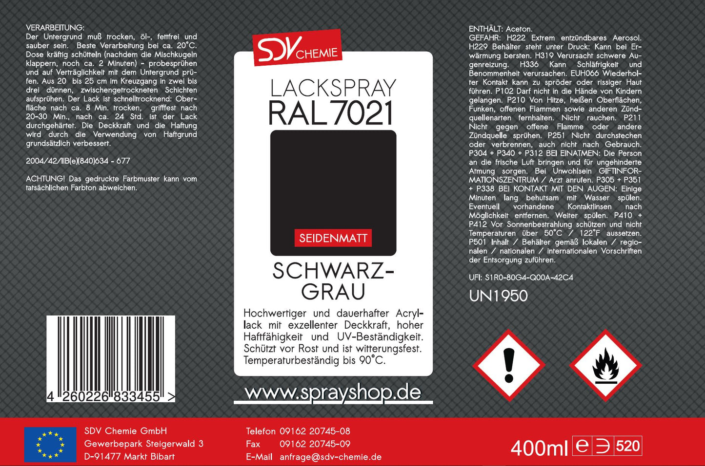 Lackspray RAL 7021 SCHWARZGRAU seidenmatt 400ml grau Acryllack Etikett