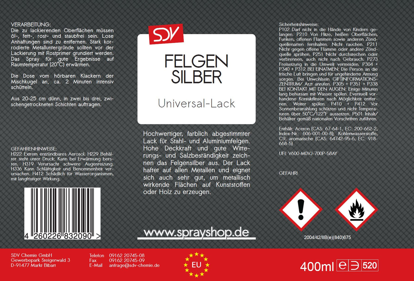 Felgensilber 400ml Autolack Acryl Lackspray Felgenlack silber Etikett