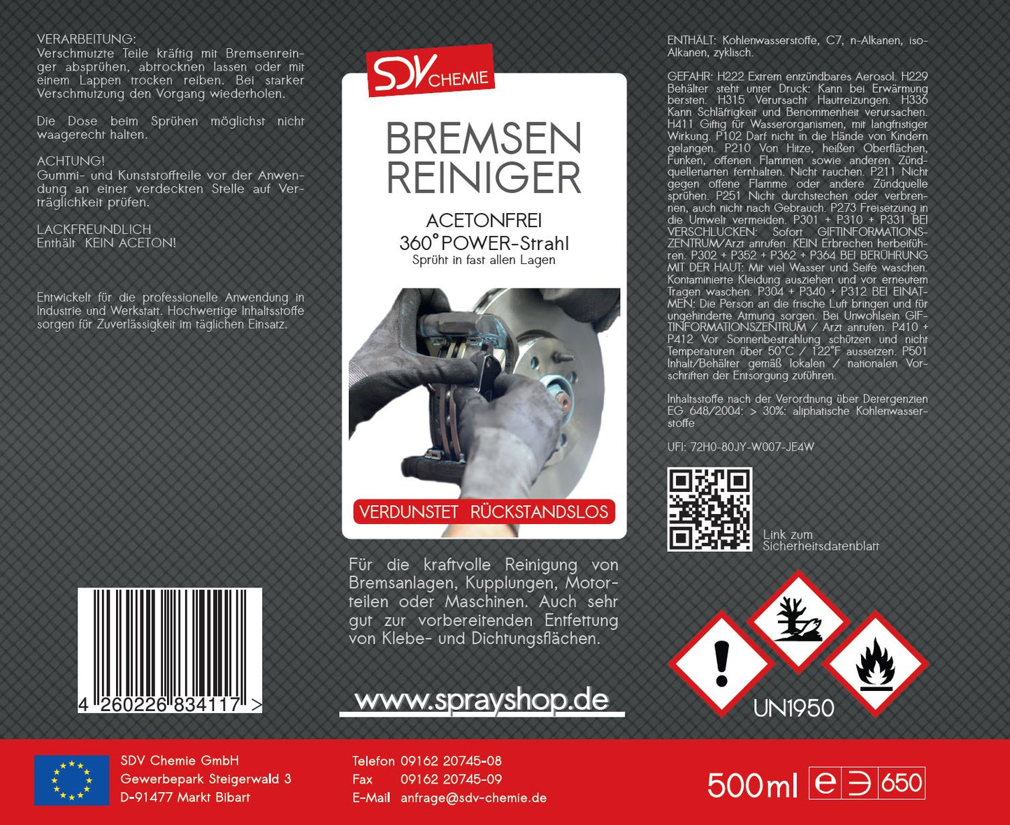 Bremsenreiniger Spray 500ml POWER Brake Cleaner 360° Ventil Etikett