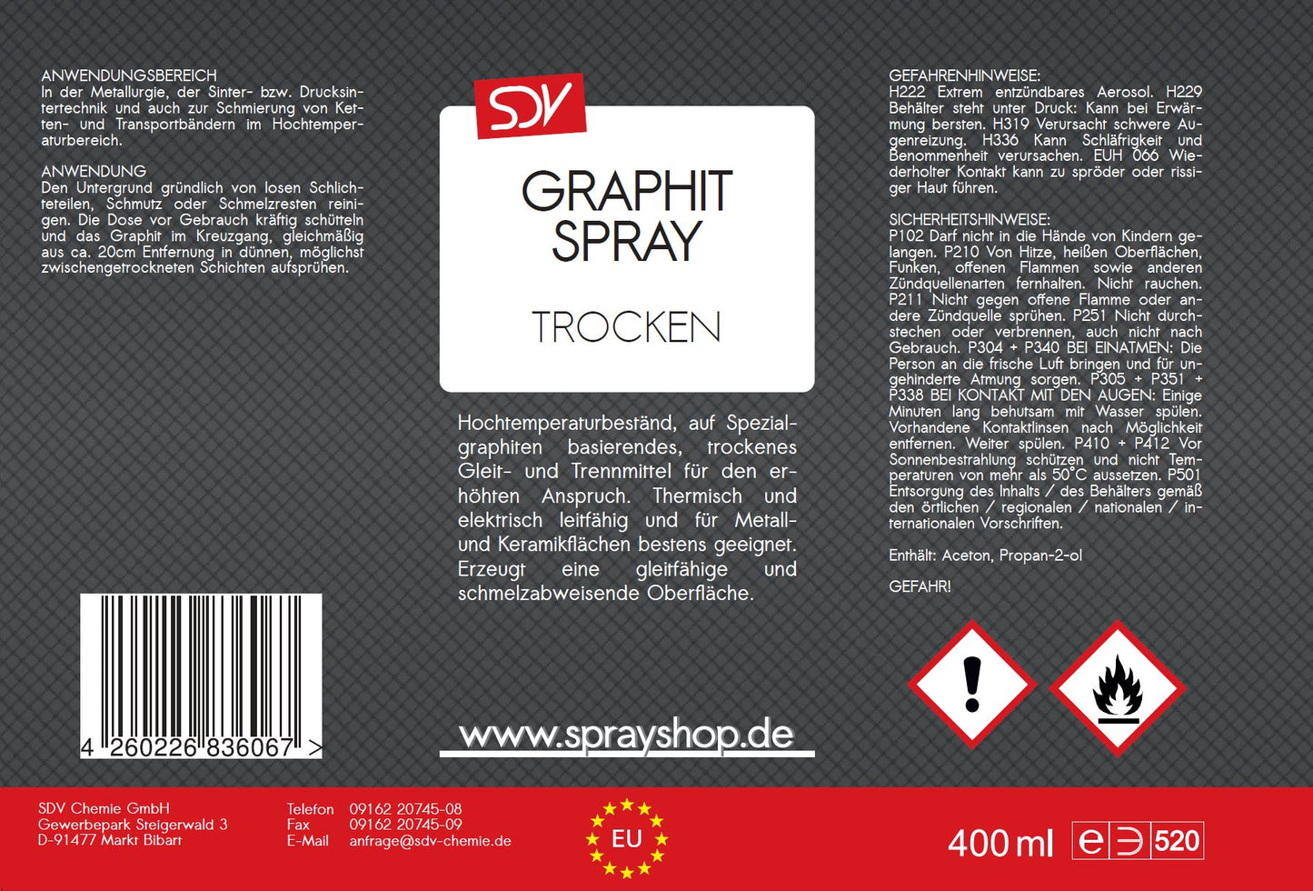 Graphitspray trocken 400ml Hochleistungsschmiermittel bis 450°C Etikett