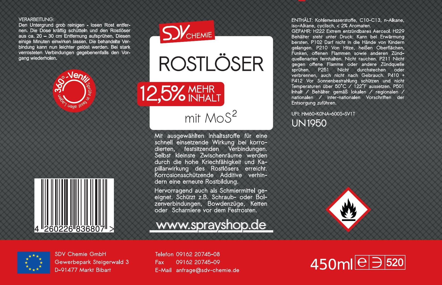 Rostlöser Spray MoS² 450ml Kriechöl Rostentferner Schmiermittel Etikett