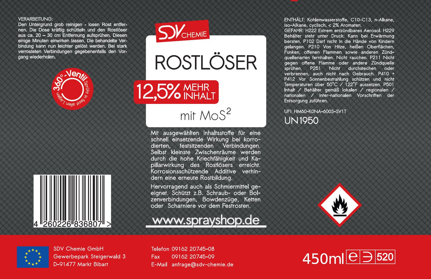 Rostlöser Spray MoS² 450ml Kriechöl Rostentferner Schmiermittel Etikett