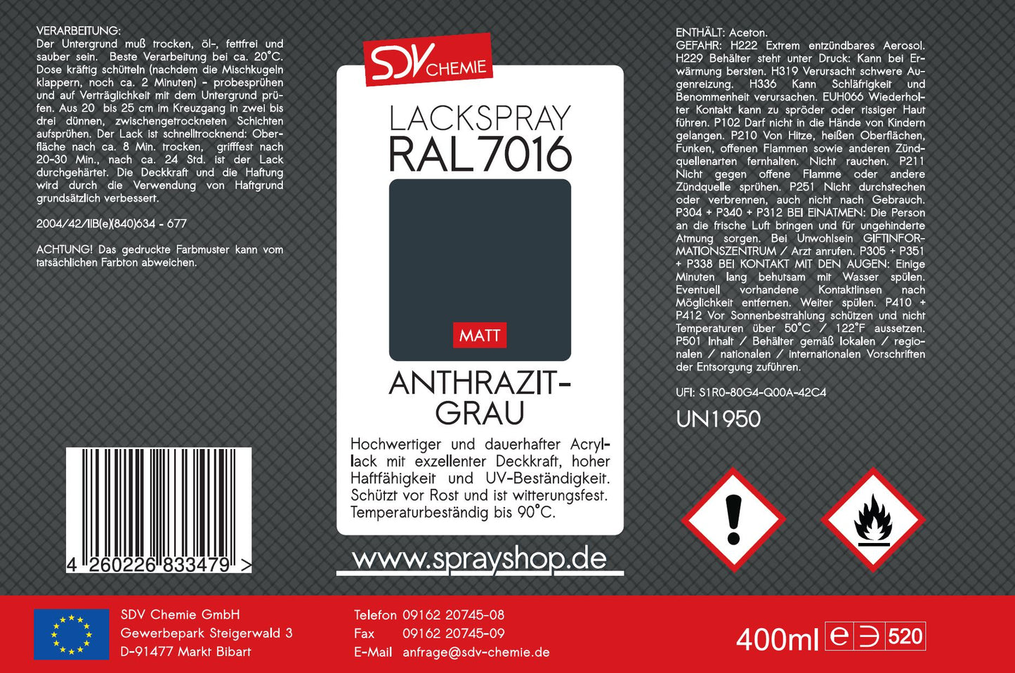Lackspray RAL 7016 ANTHRAZITGRAU matt 3x 400ml grau Acryllack