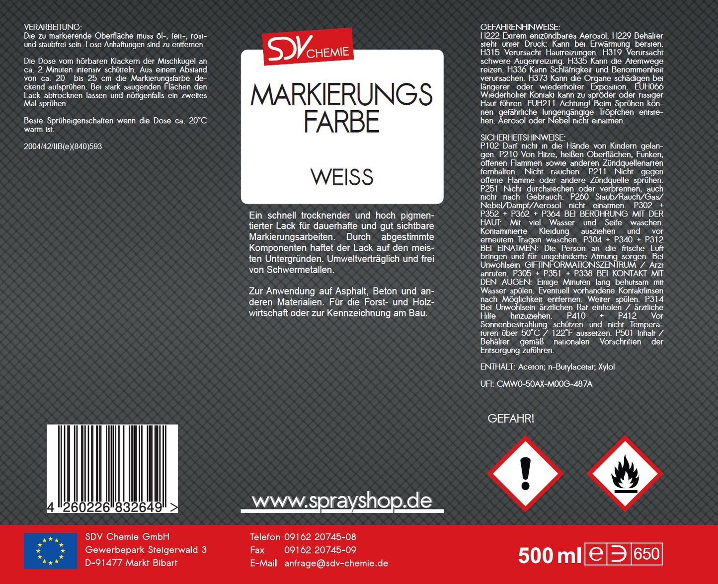 Markierungsfarbe weiss 500ml Markierspray Markierungsspray weiß Etikett