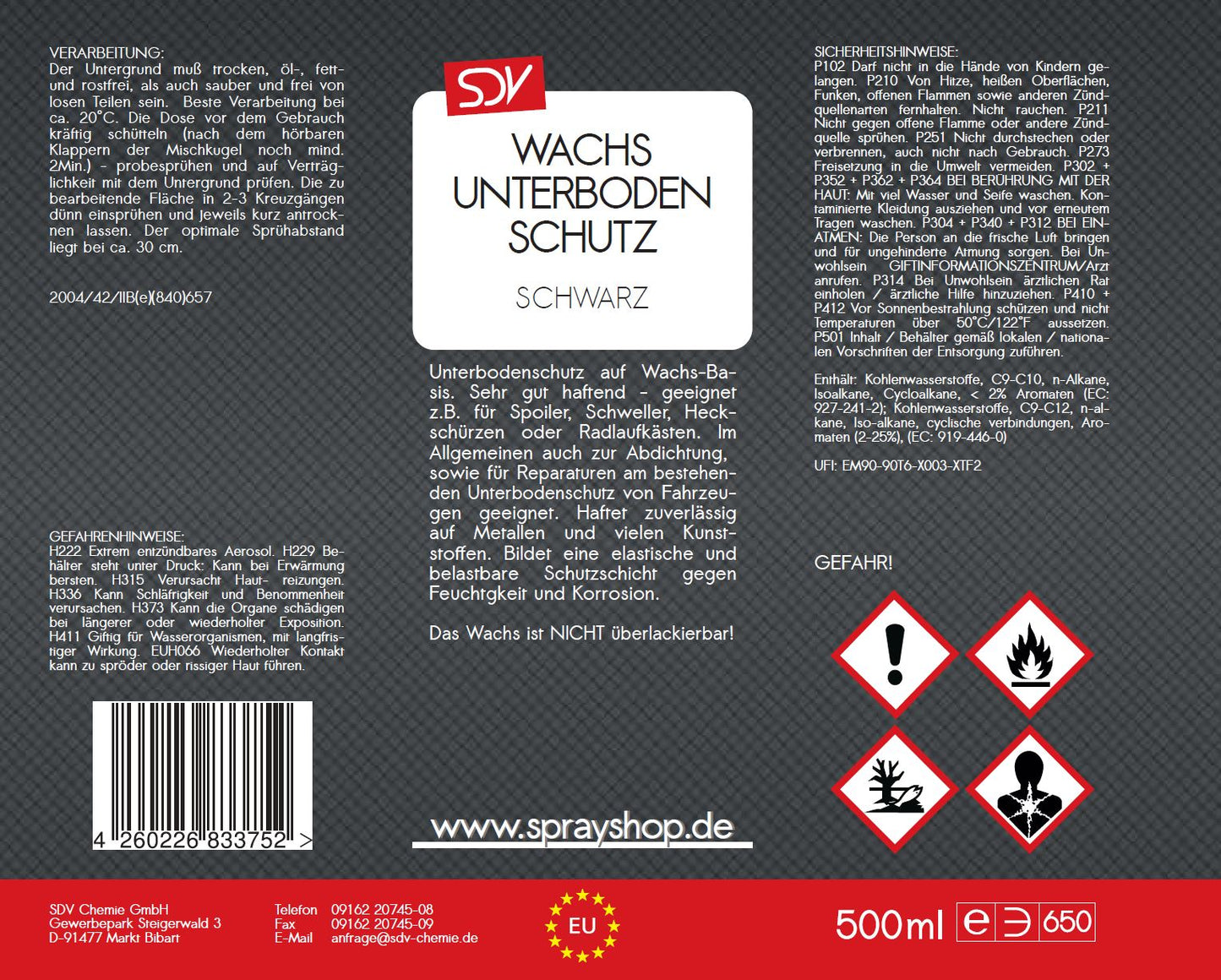 Unterbodenschutz Wachs schwarz 500ml Unterbodenwachs UBS Etikett
