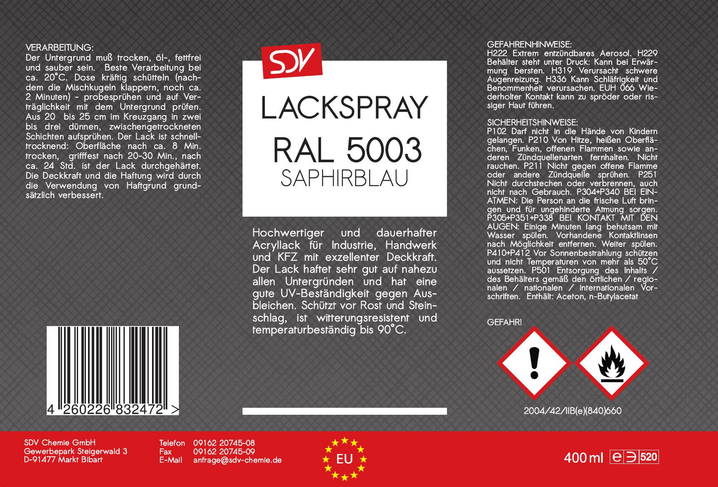 Lackspray RAL 5003 SAPHIRBLAU glänzend 400ml Acryllack Etikett