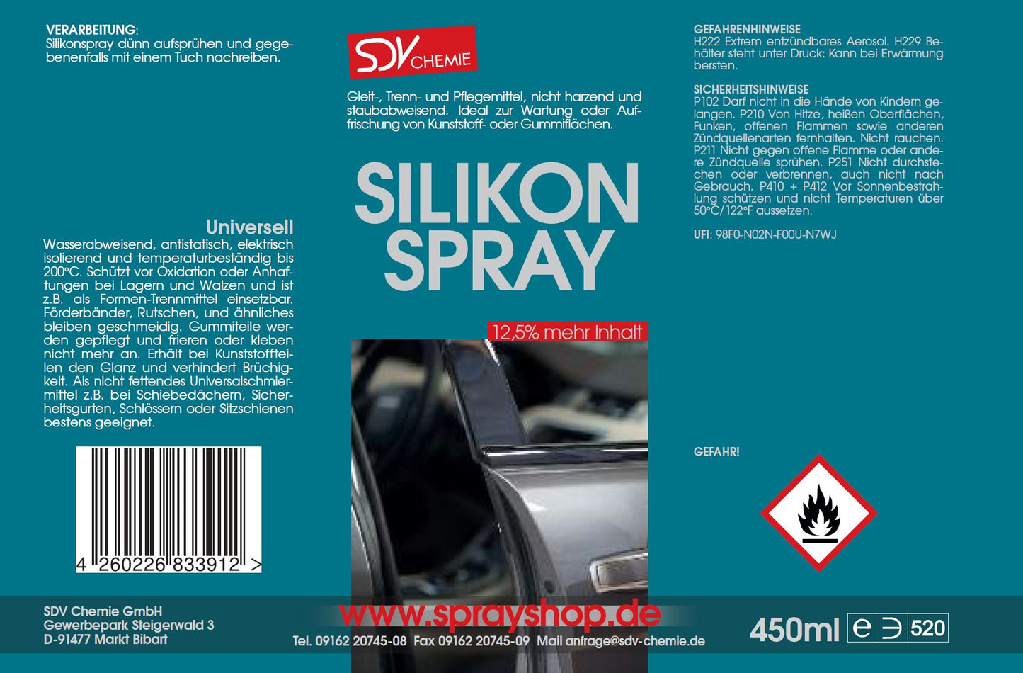 Silikonspray 12x 450ml Siliconspray Kunststoff- und Gummipflege