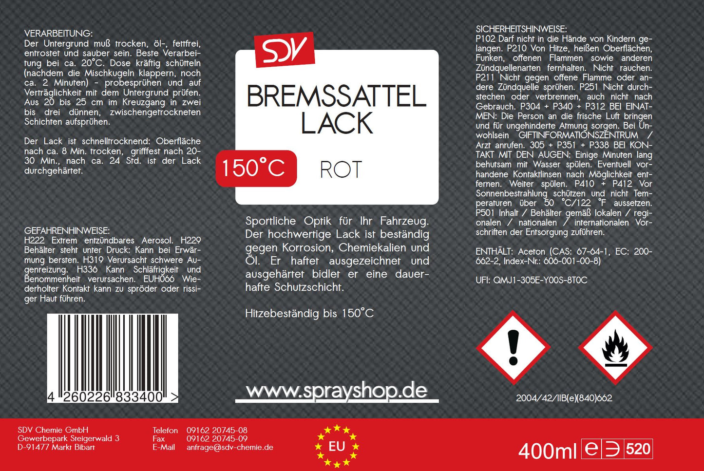 Bremssattellack rot 400ml hitzefest bis 150°C Bremssattelfarbe Etikett
