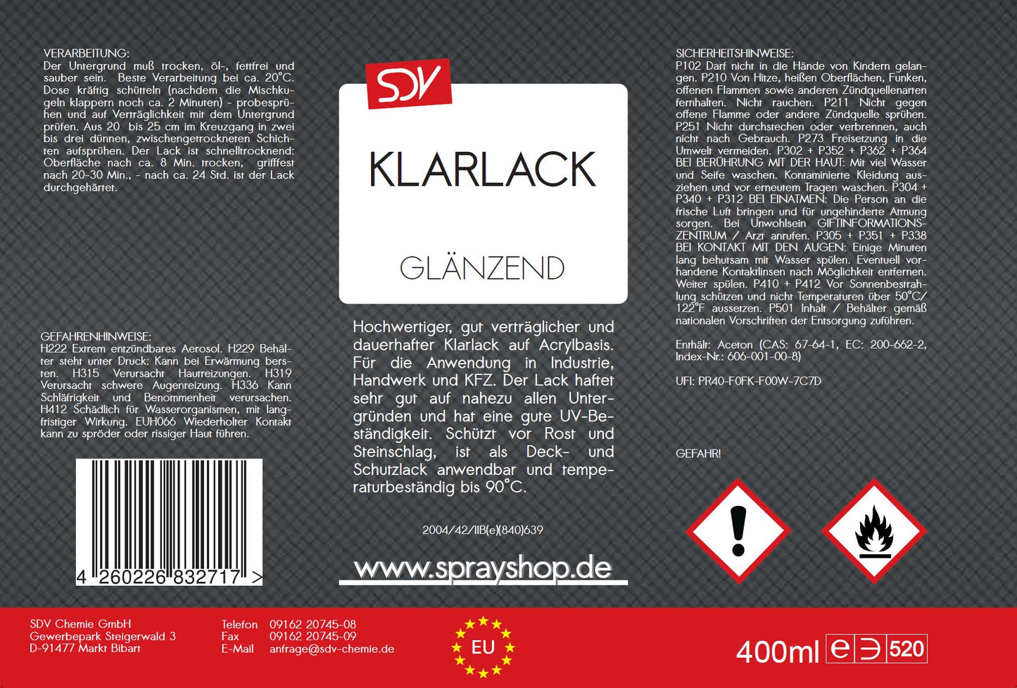 Klarlack Spray glänzend 1x 400ml schnelltrocknend Acryl Sprühlack