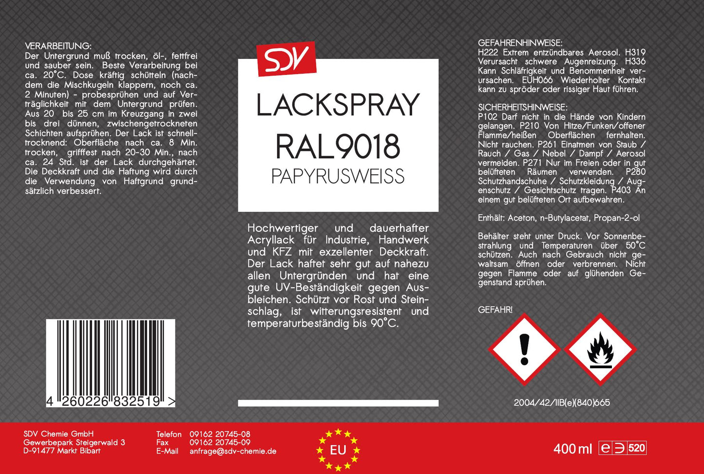 Lackspray RAL 9018 PAPYRUSWEISS glänzend 400ml Acryllack Etikett