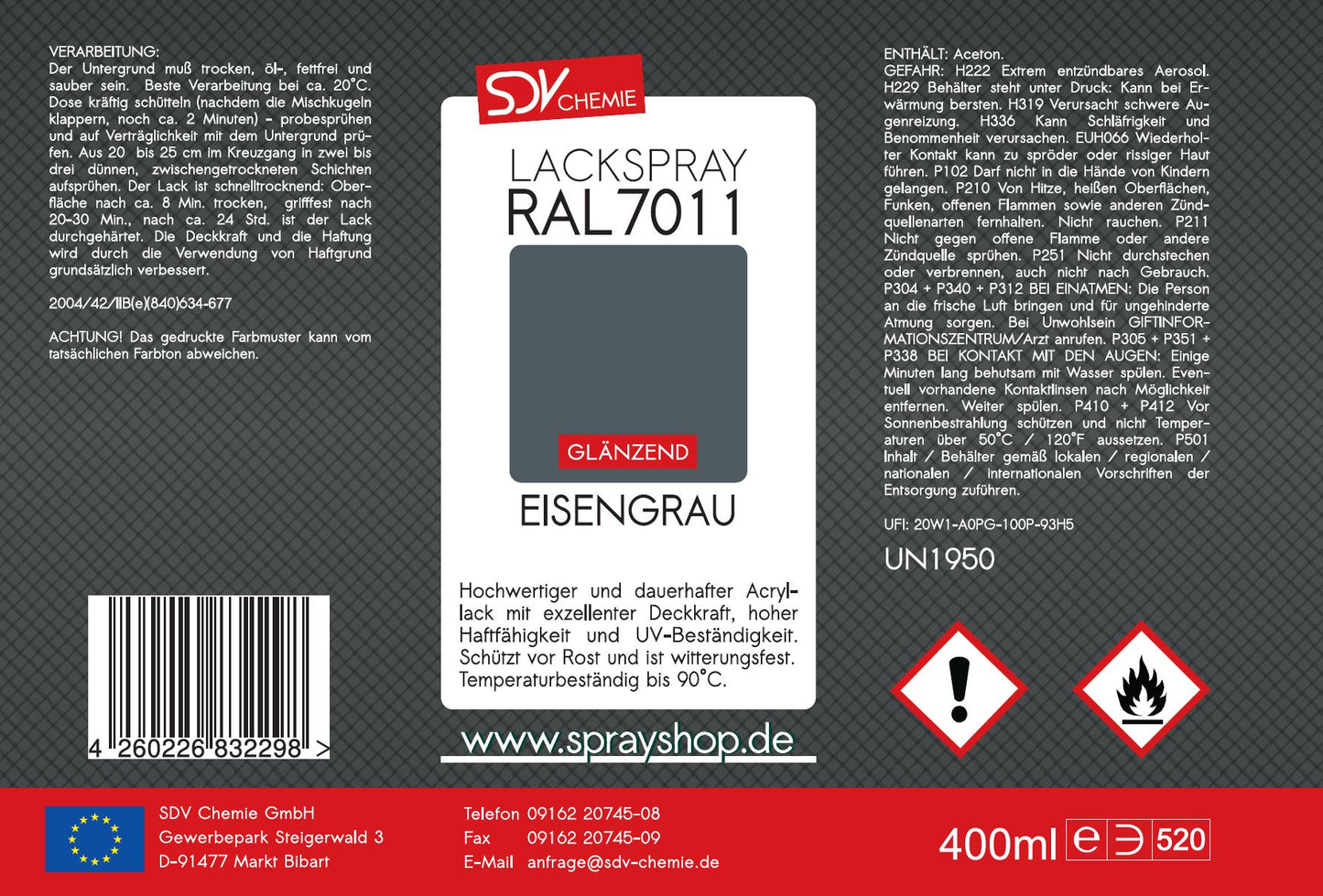 Lackspray RAL 7011 EISENGRAU glänzend 400ml Acryllack Etikett
