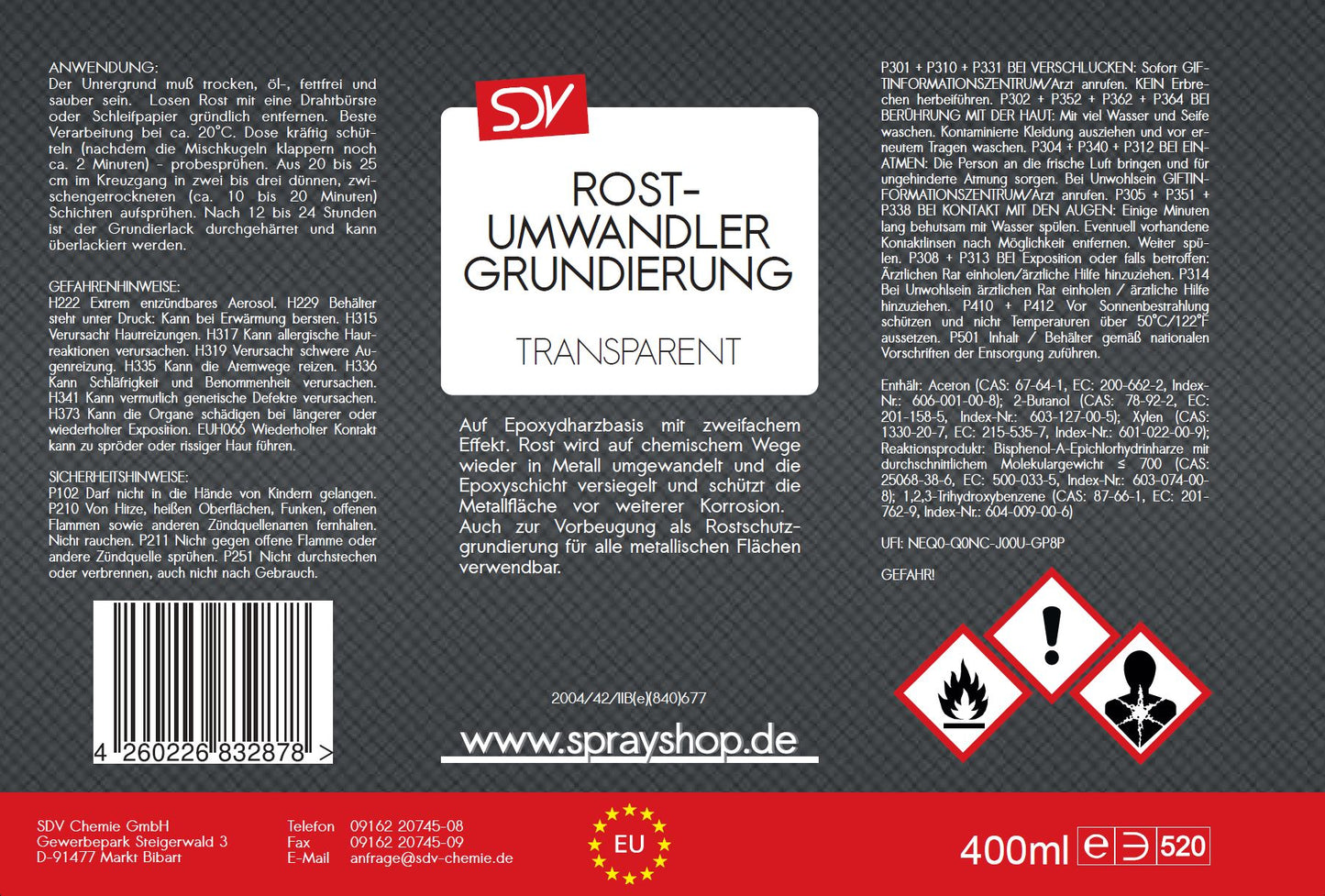 Rostumwandler 400ml Anti Rostspray Rostsanierer und Grundierung Etikett