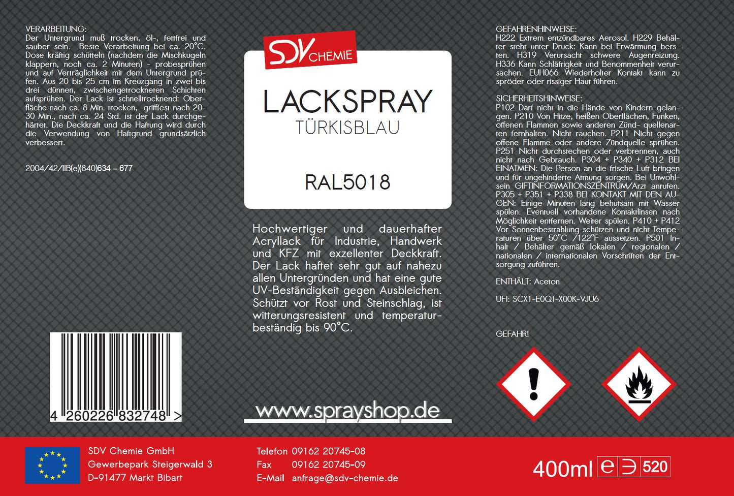 Lackspray RAL 5018 TÜRKISBLAU glänzend 400ml Acryllack Etikett