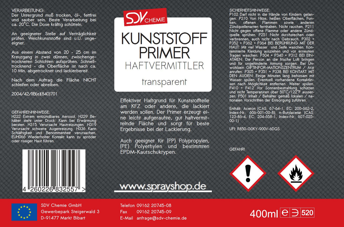 Kunststoffprimer transparent 400ml Kunststoff Haftgrund Etikett