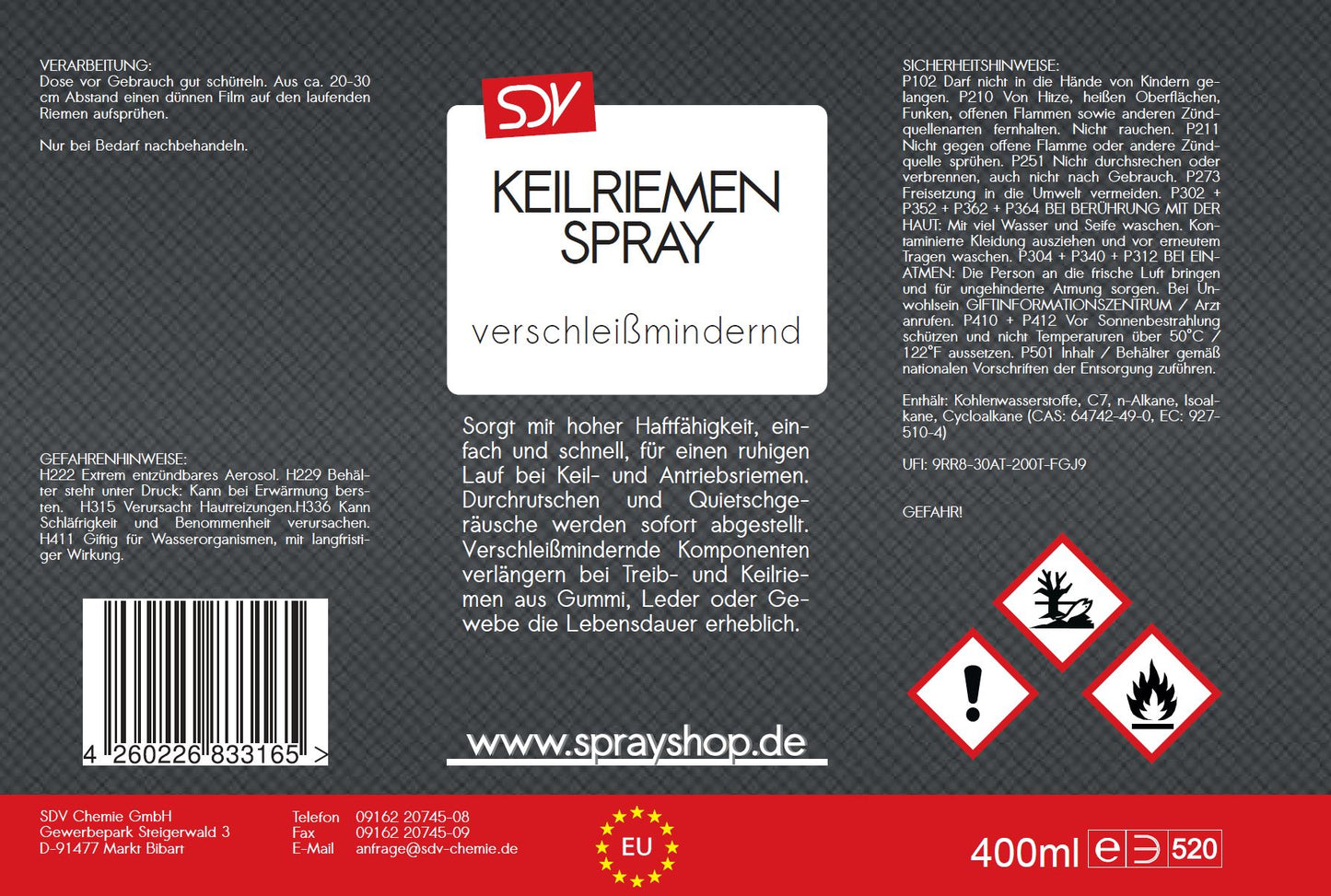 Keilriemenspray 400ml Belt Tensioner Antriebsriemen Spray Etikett