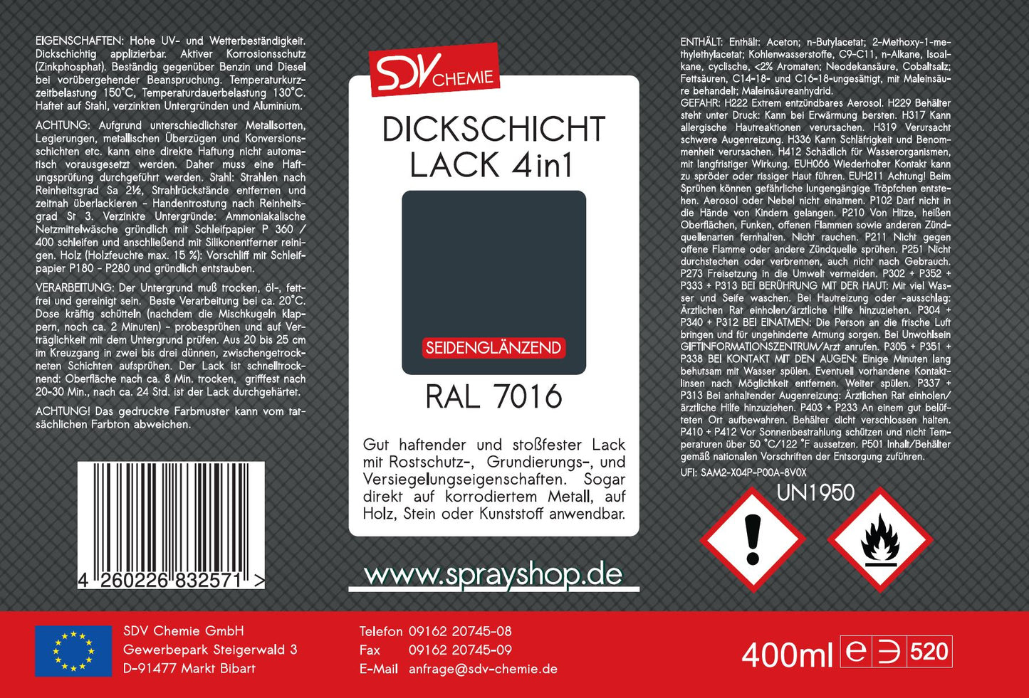 Dickschicht Lackspray RAL 7016 anthrazitgrau seidenglänzend 400ml Kunstharzlack Etikett