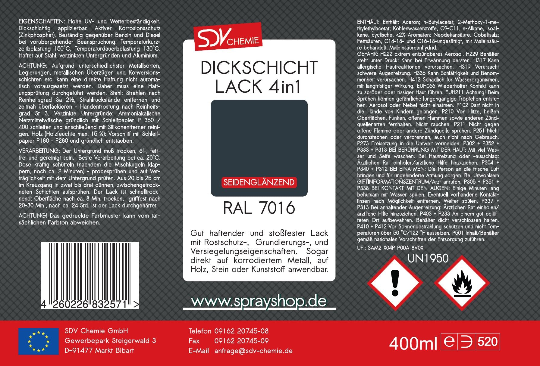 Dickschicht Lackspray RAL 7016 anthrazitgrau seidenglänzend 400ml Kunstharzlack Etikett