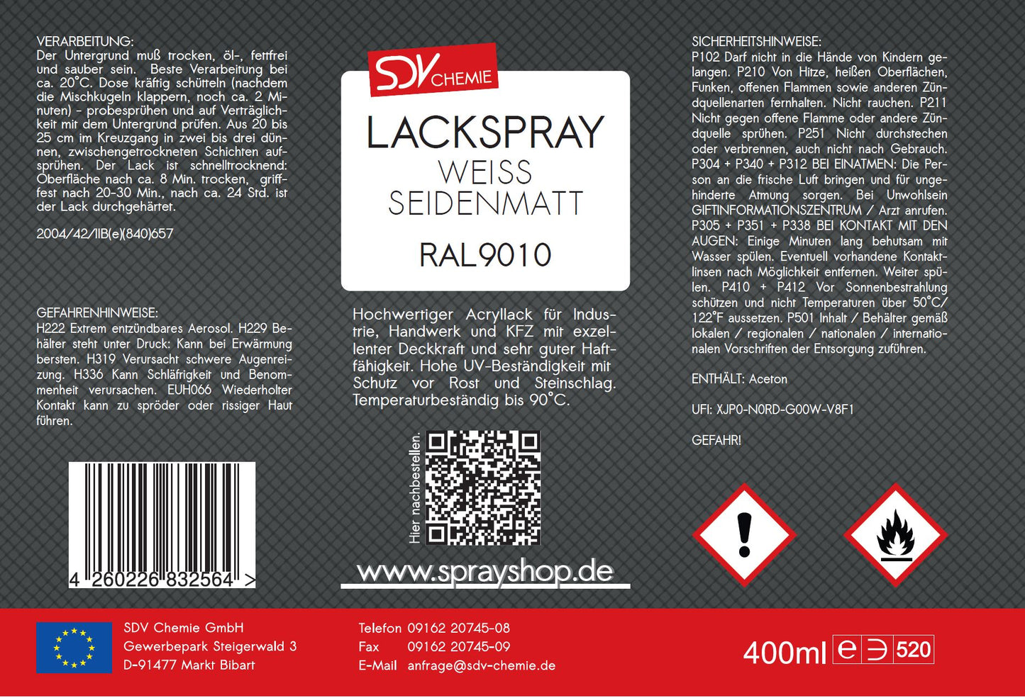 Lackspray RAL 9010 weiß seidenmatt 400ml REINWEISS weiss Acryllack Etikett