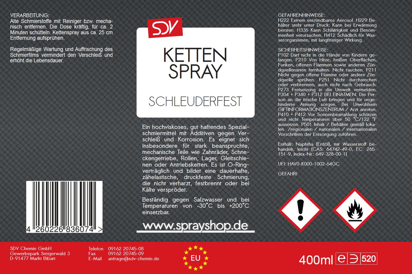 Kettenspray 400ml Haftschmiermittel Sprühfett Schmierfett Etikett