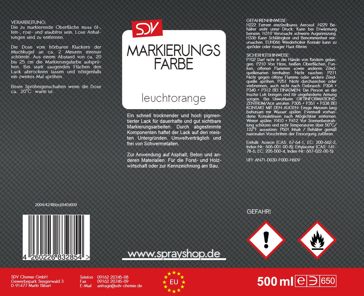 Markierungsfarbe leuchtorange 500ml Markierspray Markierungsspray Etikett