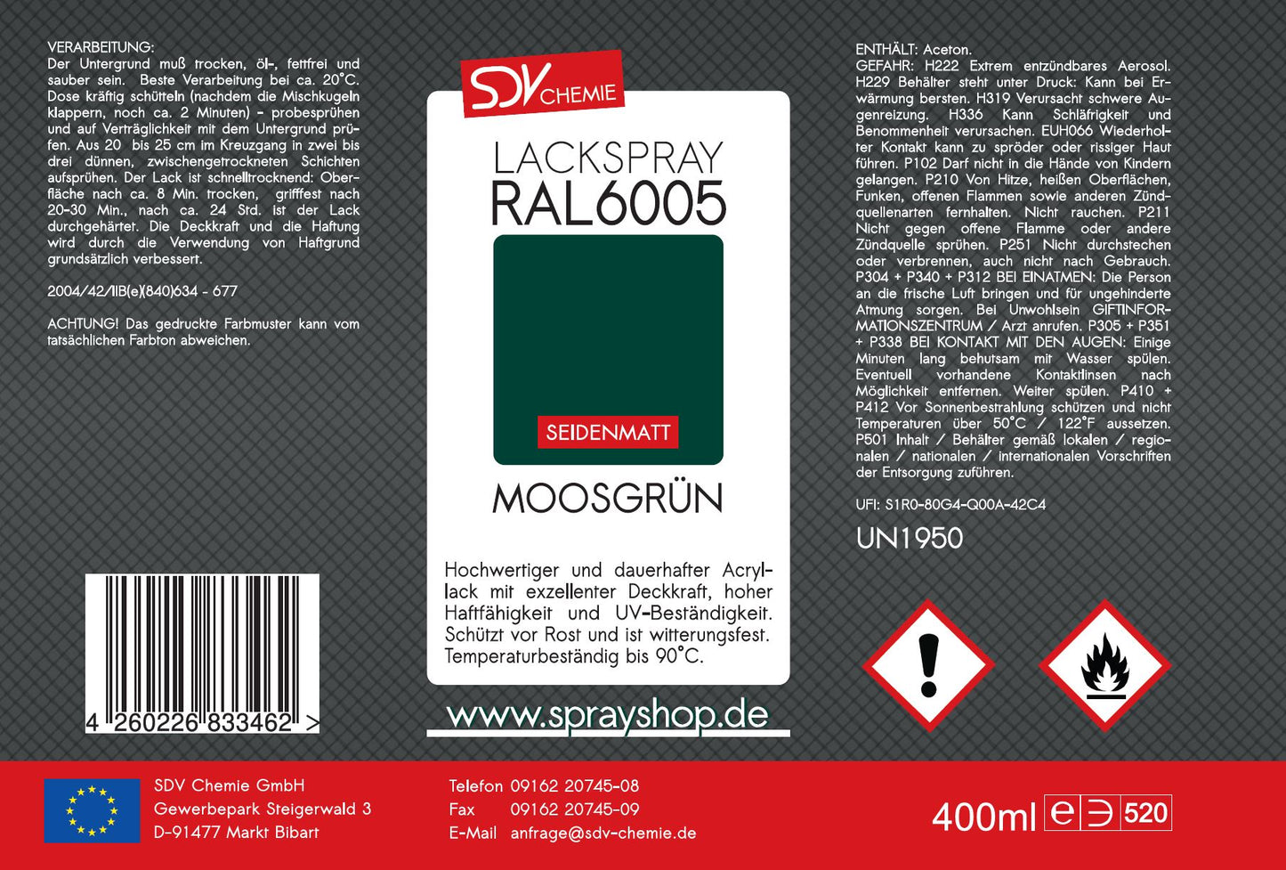 Lackspray RAL 6005 MOOSGRÜN seidenmatt 400ml Acryllack Etikett