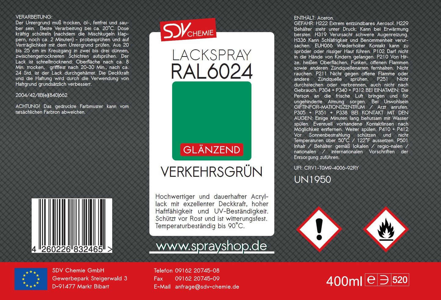 Lackspray RAL 6024 VERKEHRSGRÜN glänzend 400ml Acryllack Etikett