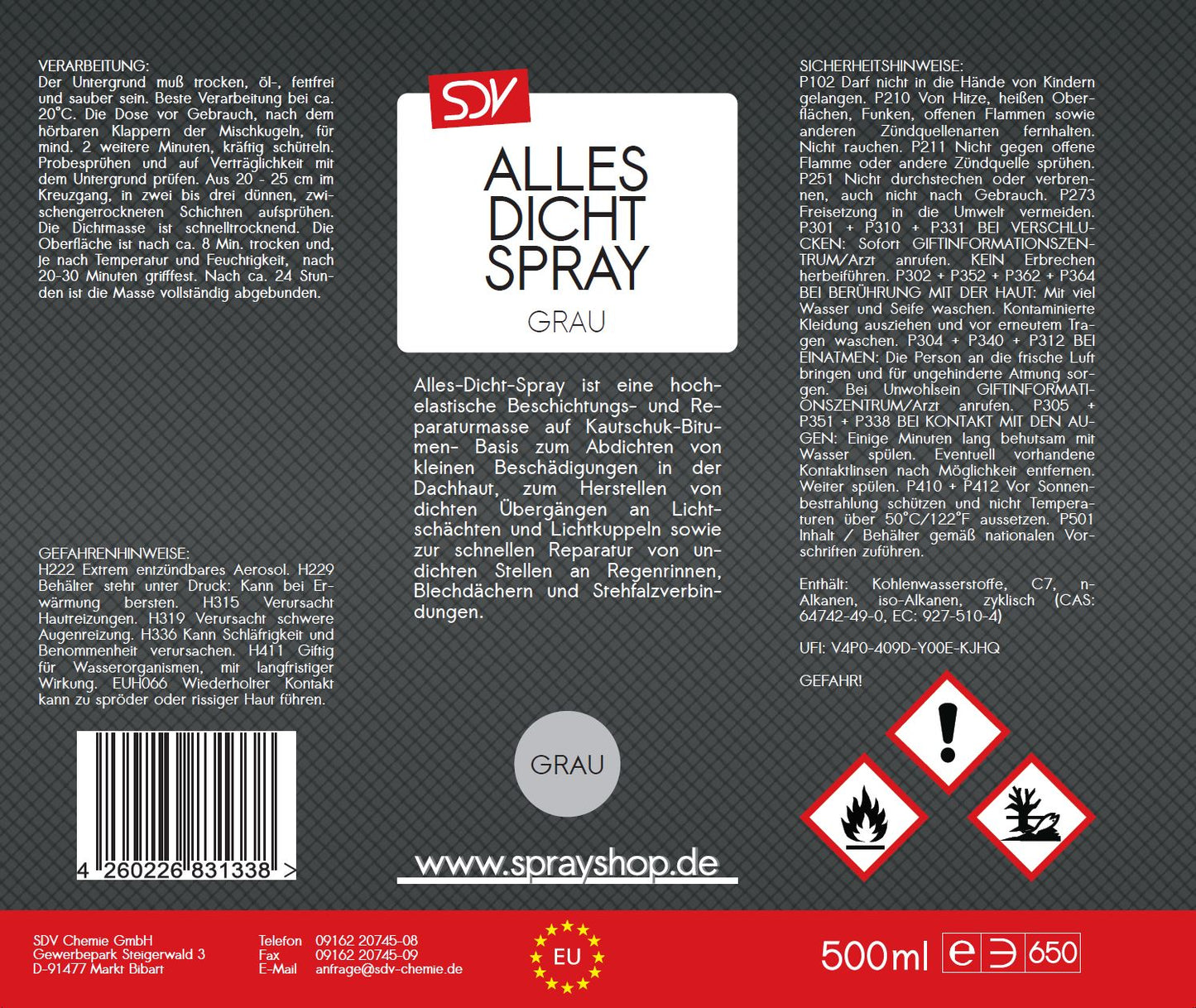 Allesdichtspray grau 500ml Sprühdichtung Dichtungsspray Etikett