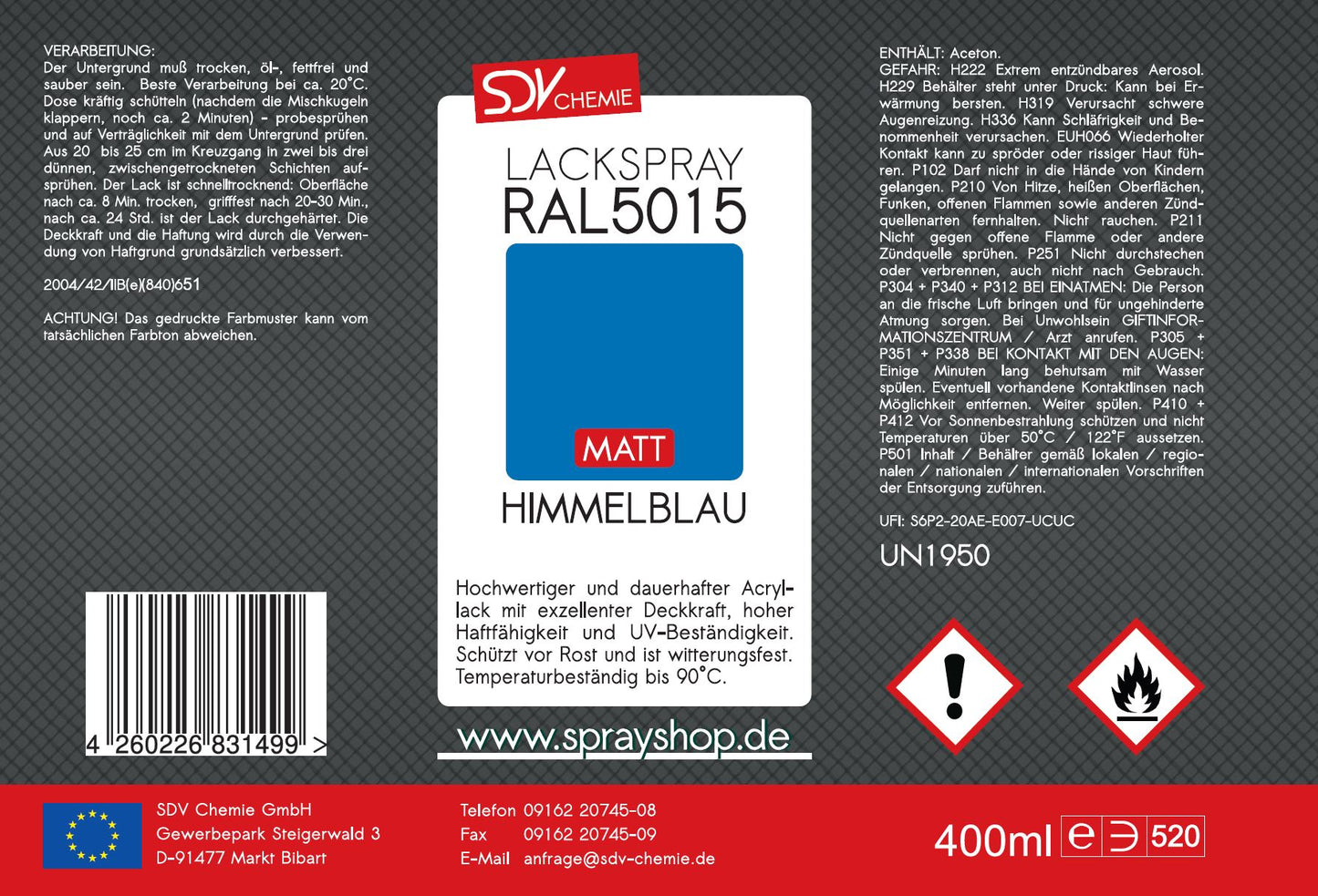 Lackspray RAL 5015 HIMMEBLAU matt 400ml Etikett