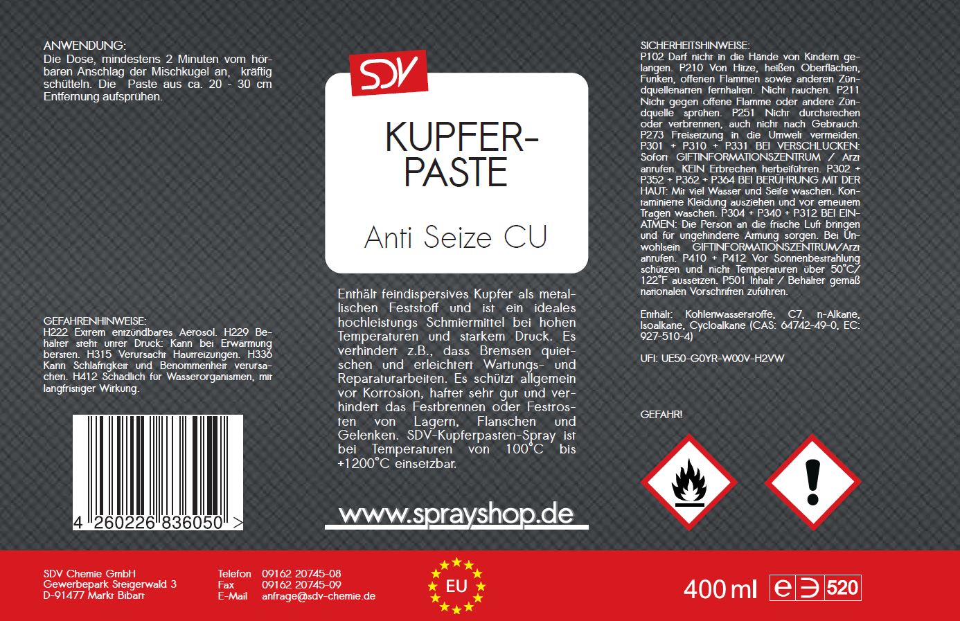 Kupferpaste 400ml Anti Seize CU Bremspaste bis 1200°C Kupferfett Etikett