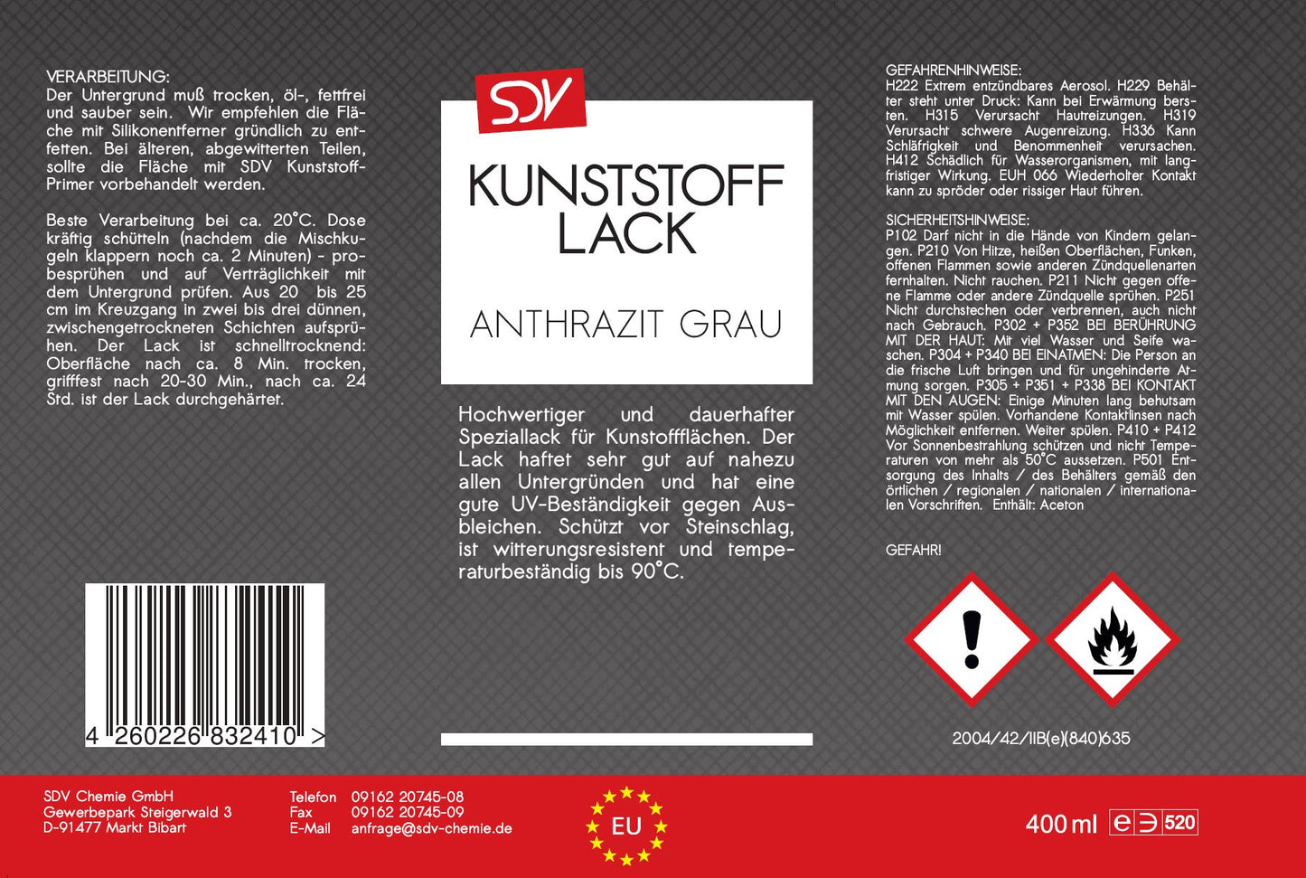 Kunststofflack anthrazit grau matt 400ml Lackspray Etikett