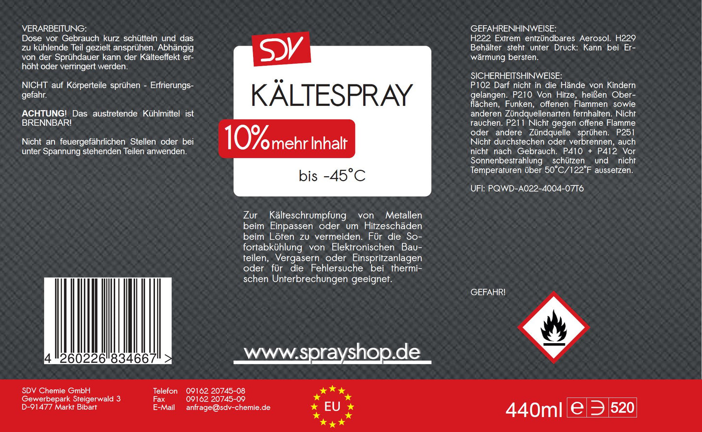 Kältespray 440ml Kühlspray Vereisungsspray Eisspray bis -45°C Etikett