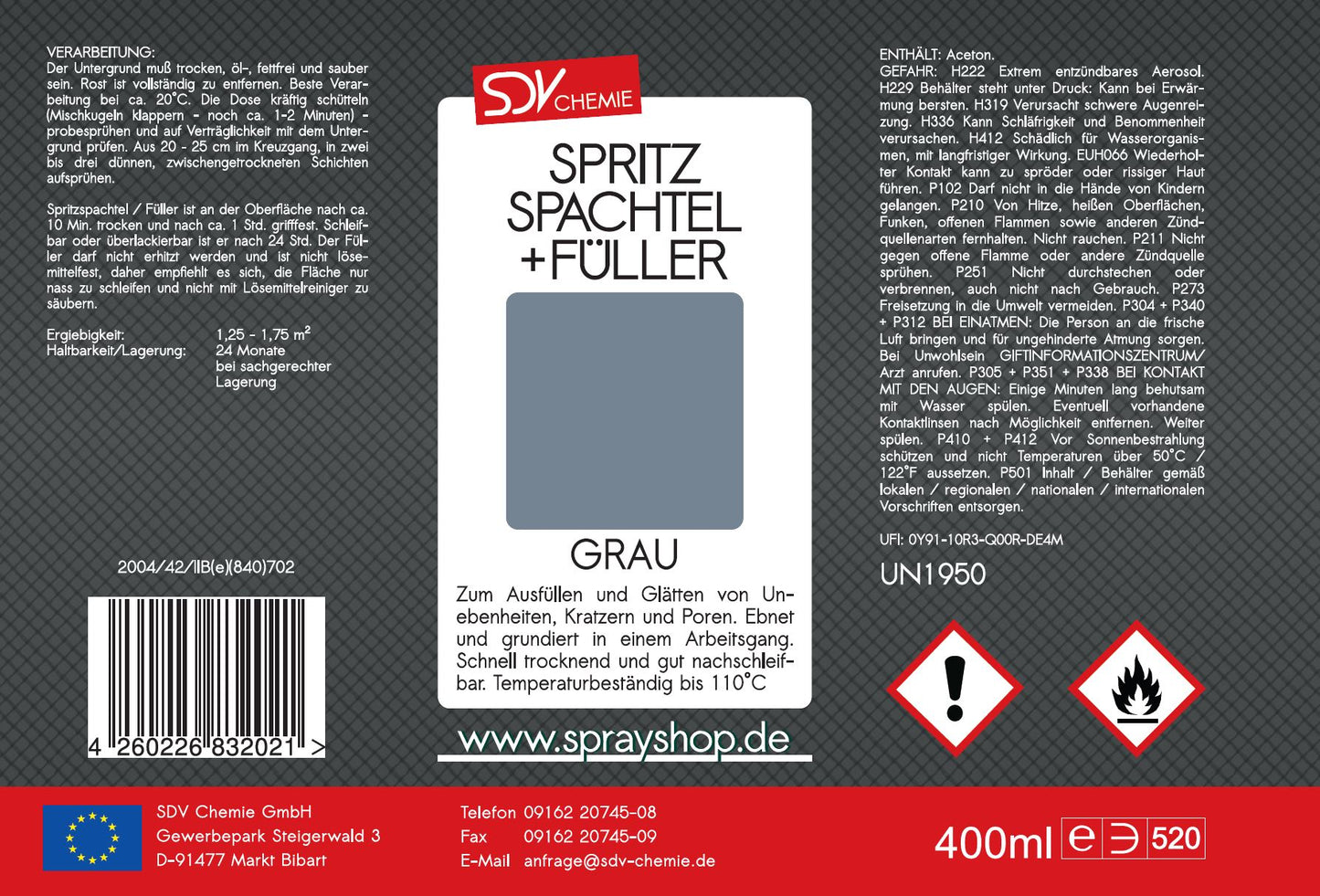 Spritzspachtel & Füller Grau 400ml für Autolack Lackierer Etikett