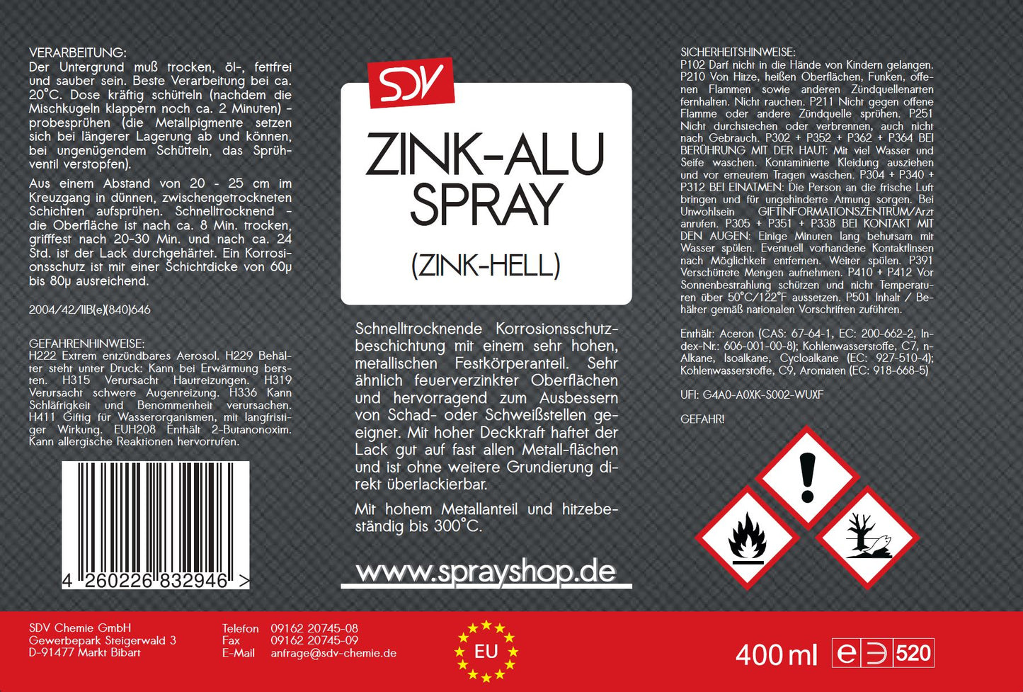 Zink-ALU-Spray 98% REIN 400ml Zink hell Korrosionsschutz Etikett