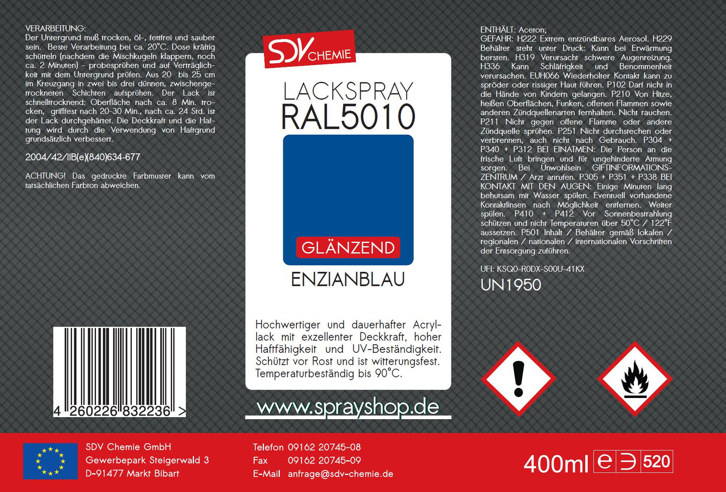 Lackspray RAL 5010 ENZIANBLAU glänzend 400ml Acryllack Etikett