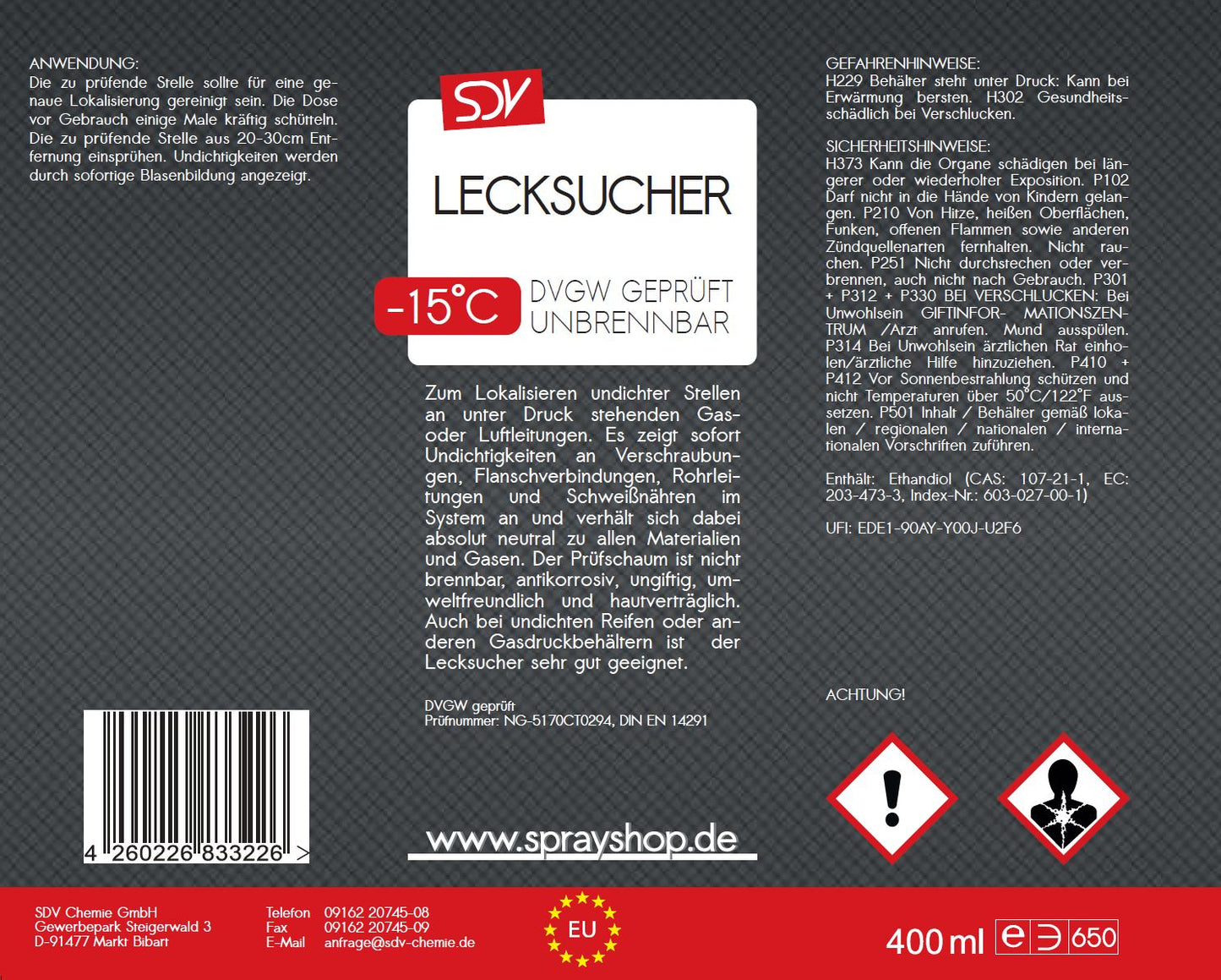 Lecksuchspray 400ml bis -15°C DVGW geprüft Leckfinder Lecksucher Etikett