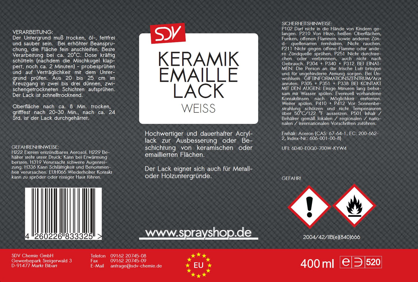 Keramik Emaille weiß 400ml WC Badewannen Email Reparatur Lack Etikett