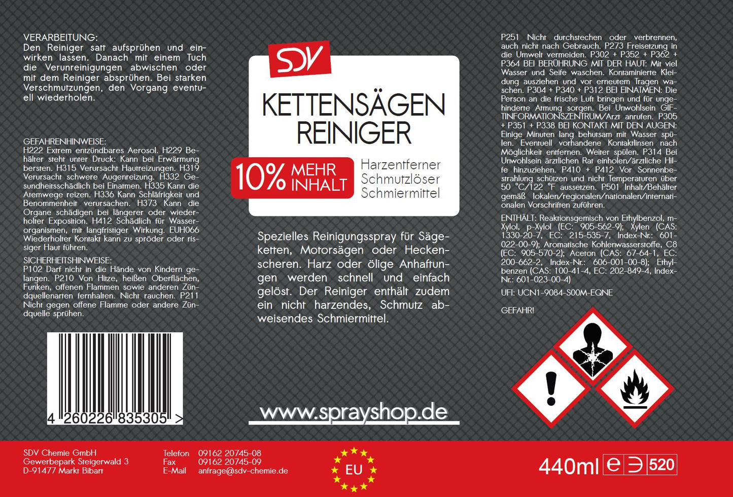 Kettensägenreiniger 440ml Motorsäge Heckenschere Harzentferner Etikett