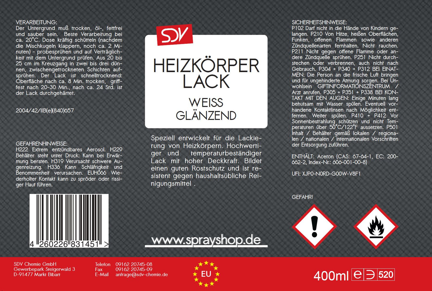 Heizkörperlack weiss glänzend 400ml RAL 9010 Radiator Etikett