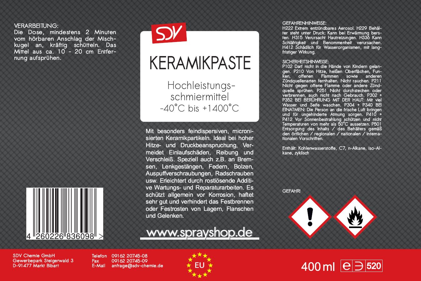 Keramikpaste 400ml Anti Seize Keramikspray Montagepaste bis 1400°C Etikett