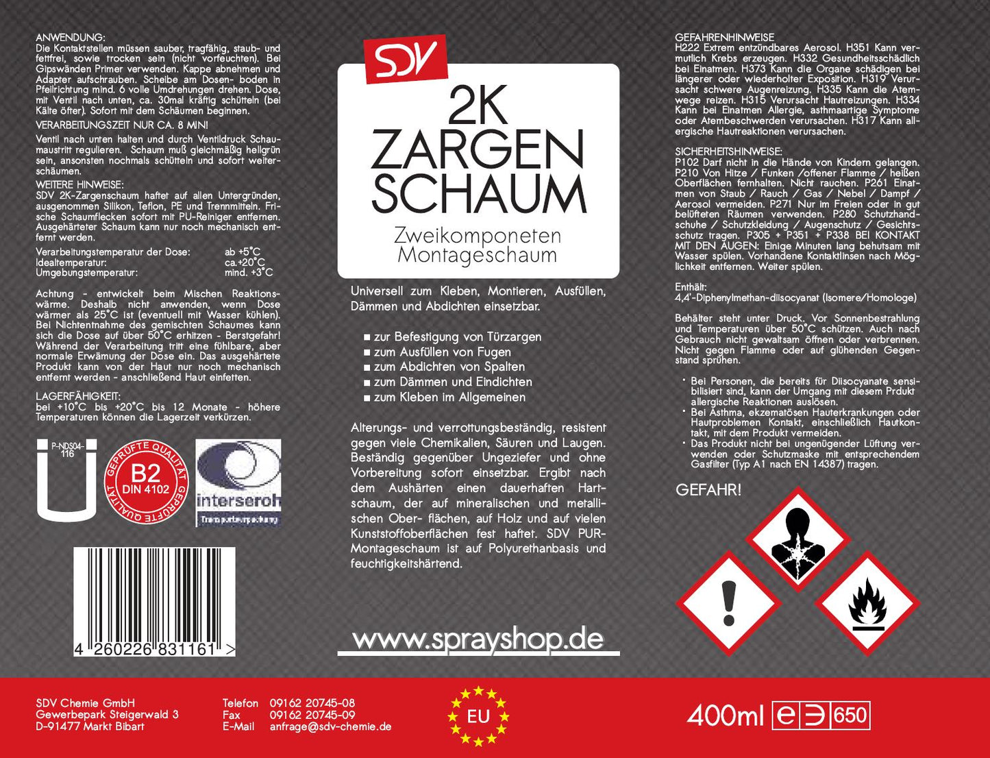 2K Zargenschaum 400ml Montageschaum Türschaum Fensterschaum Etikett